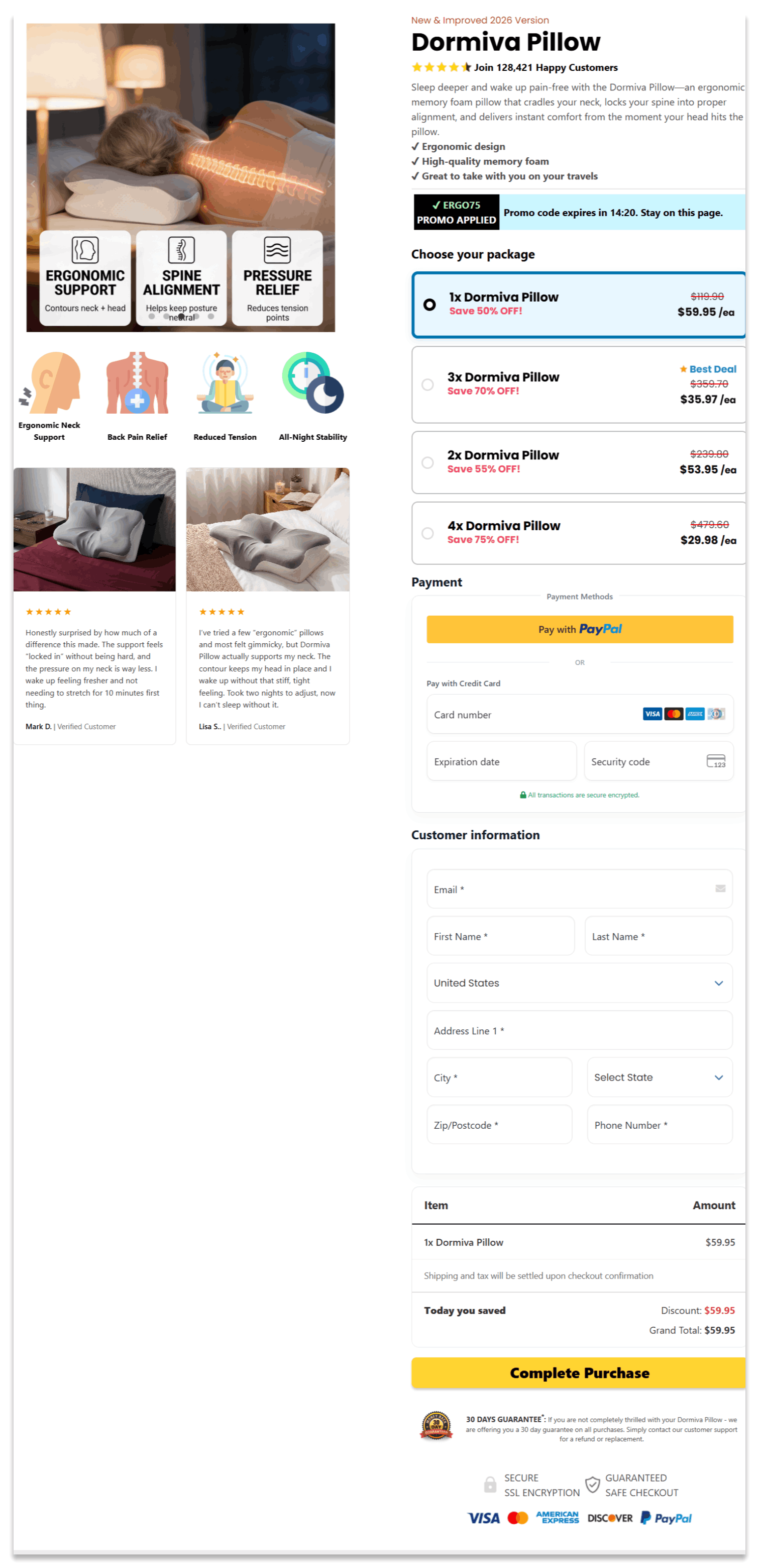 Dormiva Pillow secure checkout page